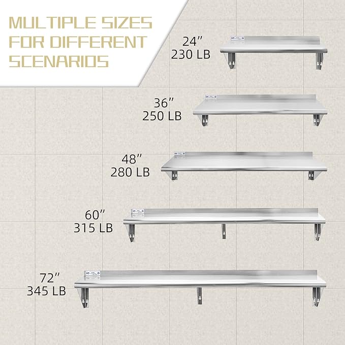 Hally Stainless Steel Shelf 12 x 36 Inches 250 lb, NSF Commercial Wall Mount Floating Shelving for Restaurant, Kitchen, Home and Hotel
