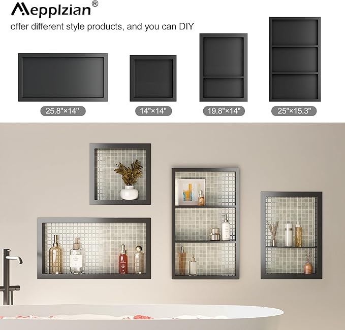 Bathroom Medicine Cabinet Recessed,14x24 Black Shower Niche for Shower Wall,Surface Mount Medicine Cabinet Replacement Shelves,Recessed Wall Niche for Over Toilet Storage/Living Room/Hallway