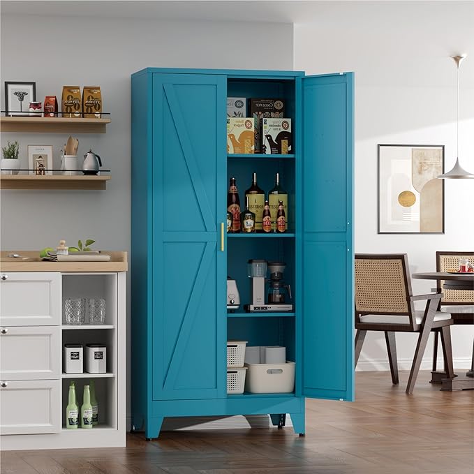 Metal Cabinets with Barn Doors and Adjustable Shelves,61" Tall Storage Cabinet,4-Tier Storage Cupboard for Kitchen,Dining Room,Garage,Bathroom,Blue