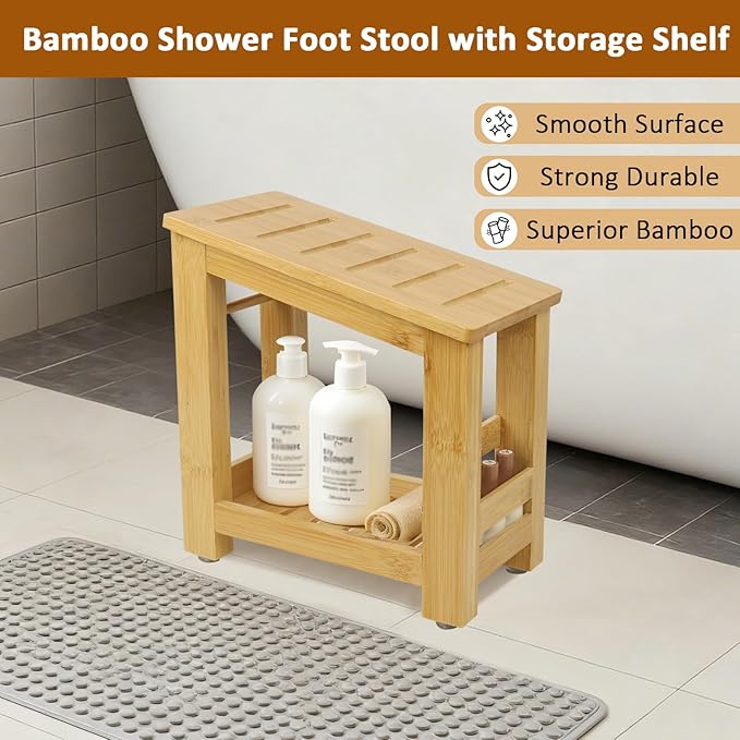 Shower Foot Rest, Small Bamboo Foot Stool with Storage Shelf, Shower Stool for Shaving Legs, No Assembly Required, Natural