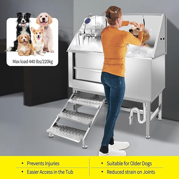 50 Inch Stainless Steel Dog Washing Station, Professional Grooming Tub with Stairs for Large Dogs, Home Bathtub for Pets with Hot & Cold Faucet