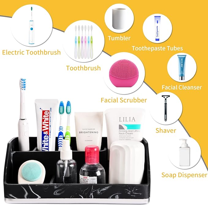 VITVITI Toothbrush Holders for Bathrooms, Bathroom Counter Organizer for Vanity Countertop/Sink, 5 Slots Tooth Brush/Toothpaste Holder Storage, Marble Look Bathroom Accessories, Black Resin