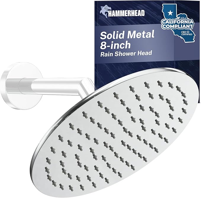 HammerHead Showers® Solid Metal 8 Inch Rainfall Shower Head – CHROME - Shower Head Rainfall - 1.75 GPM High Flow Shower Head Optimized for Pressure – Large Round Rain Shower Heads
