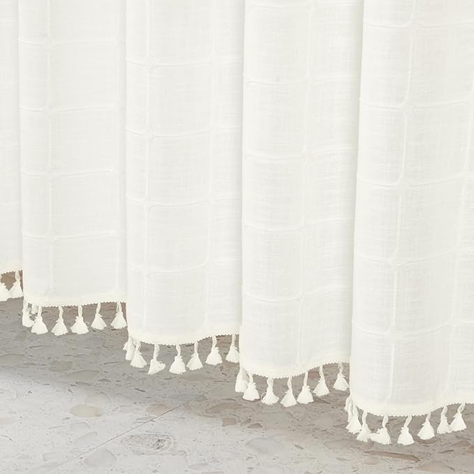 MitoVilla Ivory White Boho Farmhouse Shower Curtain Set 72 x 78, 78 inch Long Polyester Linen Tassel Fabric Shower Curtain Set for Chic Cottagecore French Rustic Bathroom Decor, Cream White