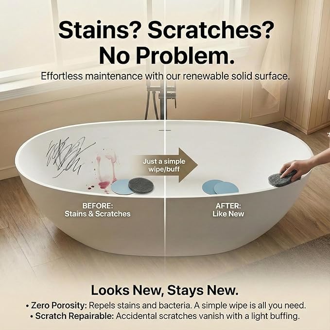 Cpingao 71" Stone Resin Freestanding Bathtub, Contemporary Oval Stand Alone Soaking Tubs, Solid Surface Bathtub with Drain & Integrated Slotted Overflow Matte White 8845-1800