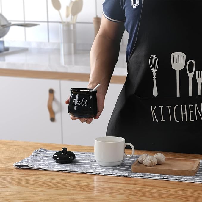 ONTUBE Ceramic Salt Bowl with Lid and Spoon 12oz (Black)