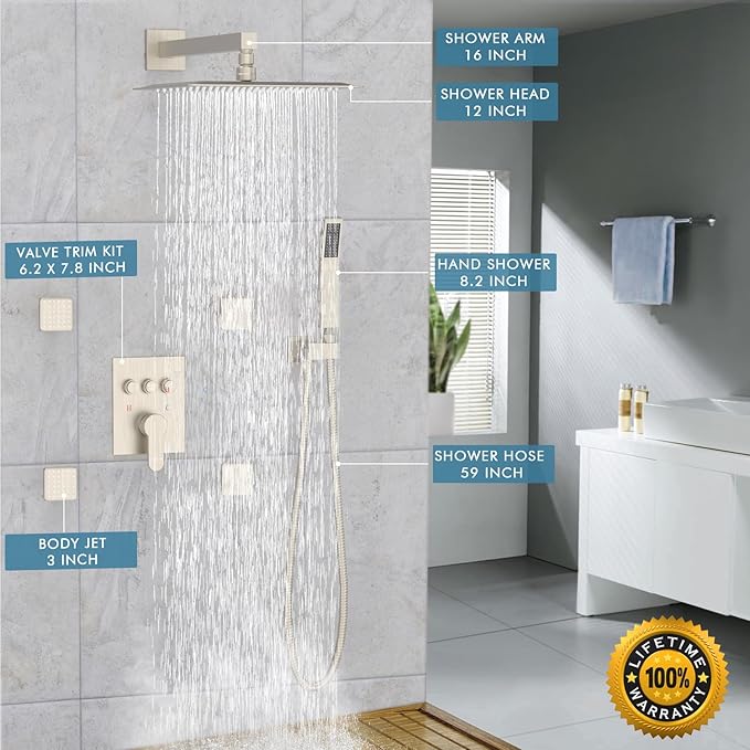 Shower System with Body Jets, Bostingner Shower Faucet Set 12" Rain Shower Head with Handheld Spray, Can Use at Same Time, 3 Way Push Button Diverter Shower Set Complete, Brushed Nickel