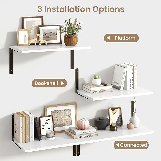 Fun Memories Floating Shelves for Wall, 12 Inch Deep Floating Shelves Set of 2, Wall Mounted Shelf with Metal Brackets, Rustic Wood Wide Shelf for Bathroom, Kitchen and Living Room, White, 24W x 12D