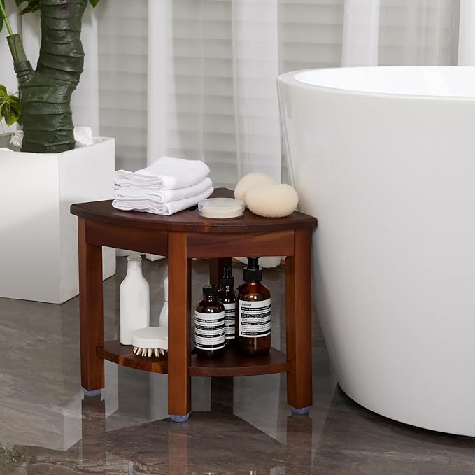 HouseJoy Corner Shower Bench with Shelf, Corner Shower Stool for Shaving Legs, Shower Foot Rest Waterproof Bathroom Bench -Bath Seat, Spa Foot Rest Shaving Stool Corner