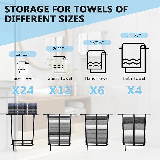 3-Tier Wall Mounted Towel Rack, Bathroom Storage Shelf with Towel Bar, Heavy-Duty Metal Organizer in Matte Black for Bathroom and Powder Room Storage and Organizer