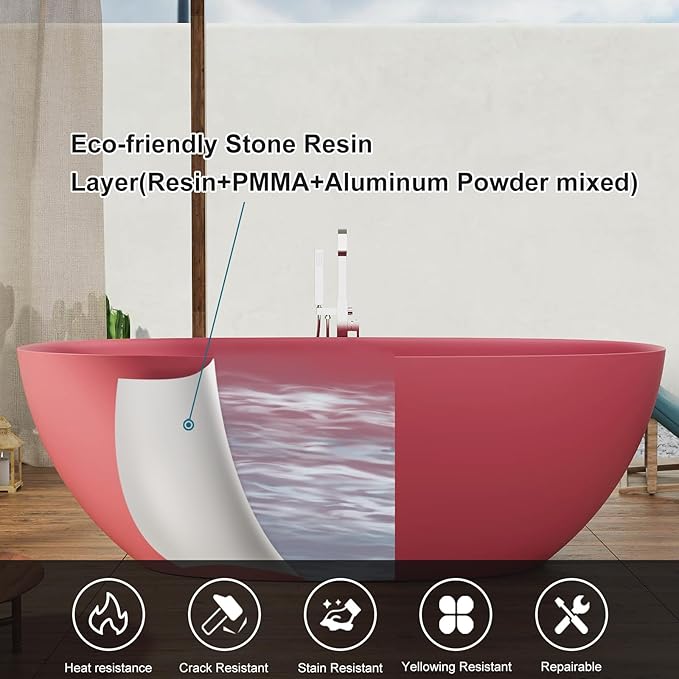 GIVINGTREE 65'' Freestanding Solid Surface Resin Stone Bathtub, Contemporary Design Stand Alone Tub with Pop-up Drain and Overflow, cUPC Certified, Pink (Oval)