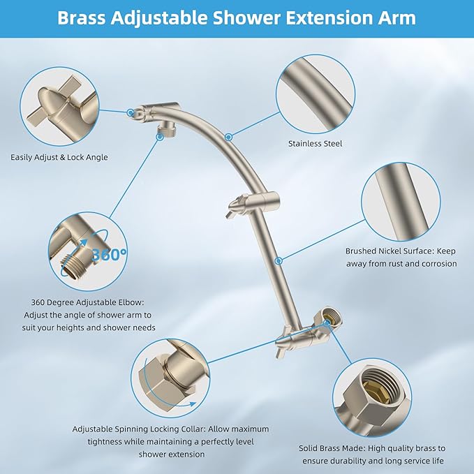 Hibbent All Metal cUPC Certified Rain Shower Head, 12'' High Pressure Rainfall Showerhead with 16" Shower Head Extension Arm, Brass Adjustable Shower Arm Extender, fixed Showerheads, Brushed Nickel
