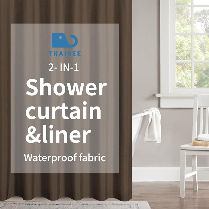 2-in-1 Waterproof Fabric Shower Curtain or Liner,Linen Textured,Breathable TPU & Washable Bathroom Shower Curtain Set with 12 Plastic Hooks,Modern,72"x72" Brown