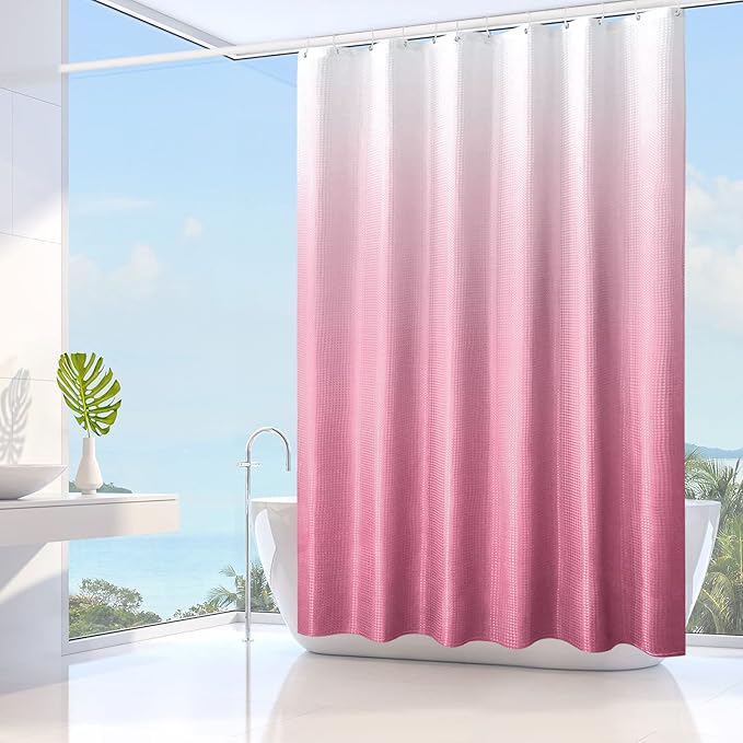 Gibelle Pink Shower Curtain, Ombre Fabric Shower Curtains for Bathroom, Waffle Weave Textured Bathroom Curtain with Hooks, Water Repellent and Machine Washable, 72 x 72