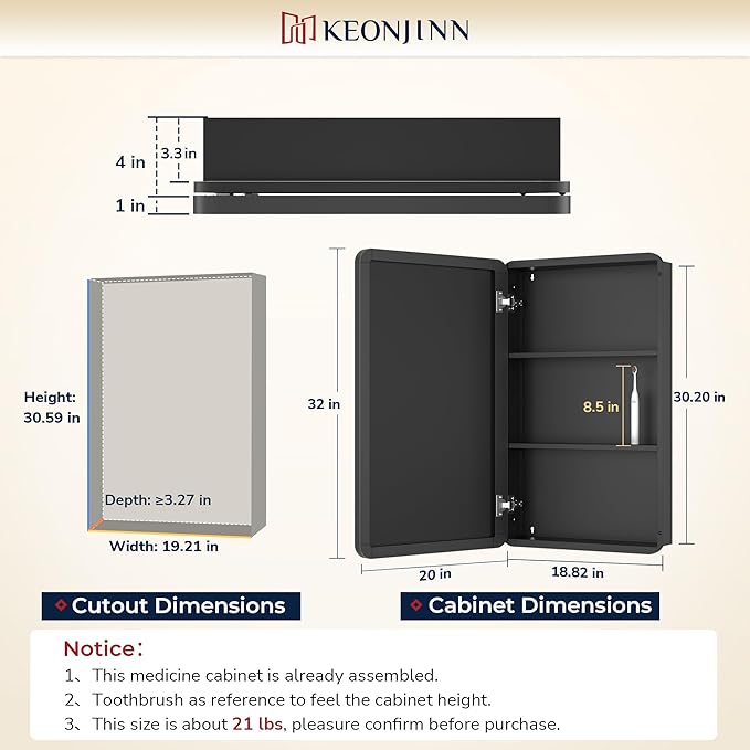 Keonjinn 20 x 32 Inch Black Mirrored Medicine Cabinet, Recessed Medicine Cabinets for Bathroom, Gloss Black Stainless Steel Framed, Adjustable Shelves, In Wall or Surface Mount, Sturdy & Heavy, Modern