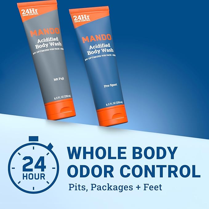 Mando Acidified Body Wash - 24 Hour Odor Control - Removes Odor Better than Soap - Formulated without SLS or Phthalates - Skin Safe - 8.5 Ounce (Pack of 2) - Pro Sport and Mt Fuji