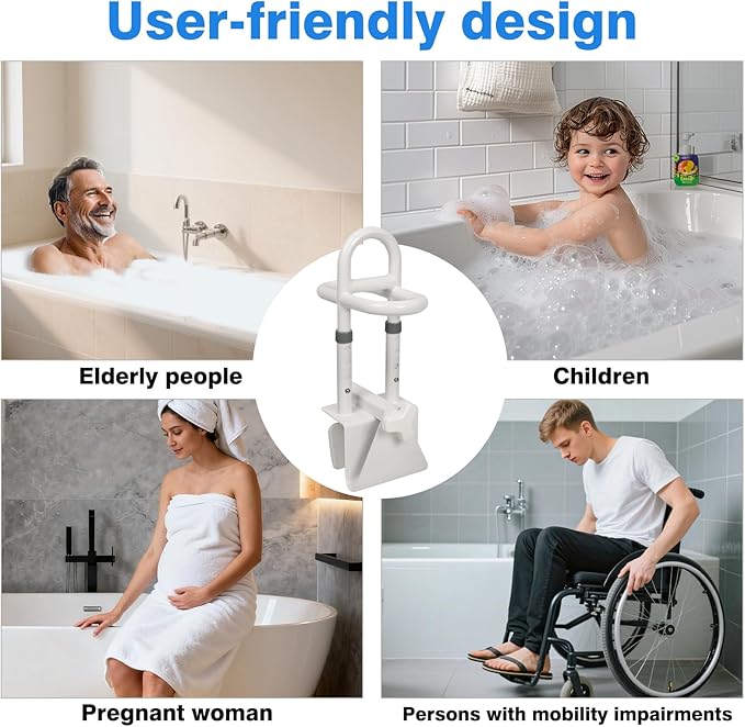 Adjustable Bathtub Safety Rail, Shower Grab Bars Handle with Non-Slip Handle for Seniors, Elderly, and Disabled, Fits 3"–6.7" Tub Walls, Supports 300 lbs, Bathroom Safety Bars