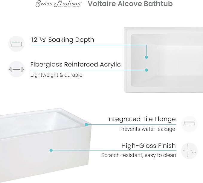Swiss Madison Well Made Forever Voltaire 48"x32" Acrylic White, Alcove, Left Hand Drain, Apron Bathtub