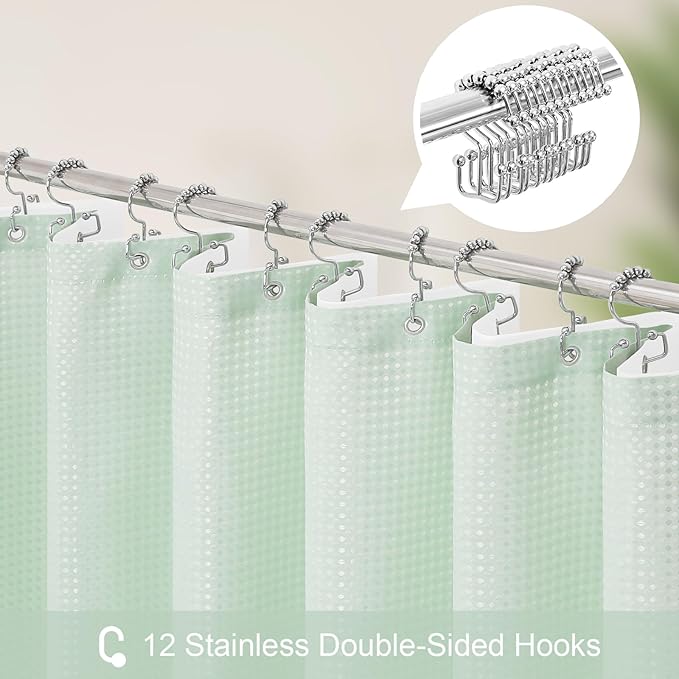 3 in 1 Stall Half Size Mint Green Shower Curtain Set-36 W x 72 H, Modern Waffle Waterproof Fabric and PEVA Liner Set with Stainless Steel Hooks