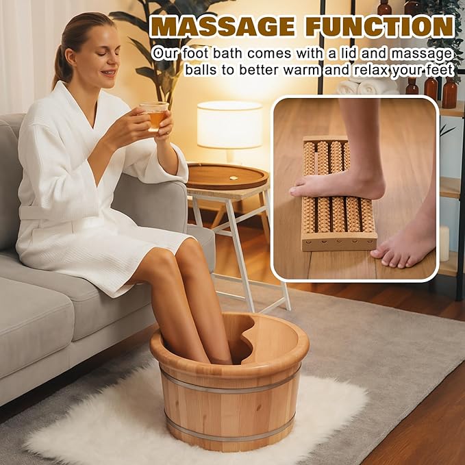 Geelin 10.24 Inch Tall Wooden Foot Bath Bucket with Massage Roller and Lid, Thick Insulated Wooden Foot Basin for Relaxation, Massage Soles, Suitable for Families, Athletes and Elderly