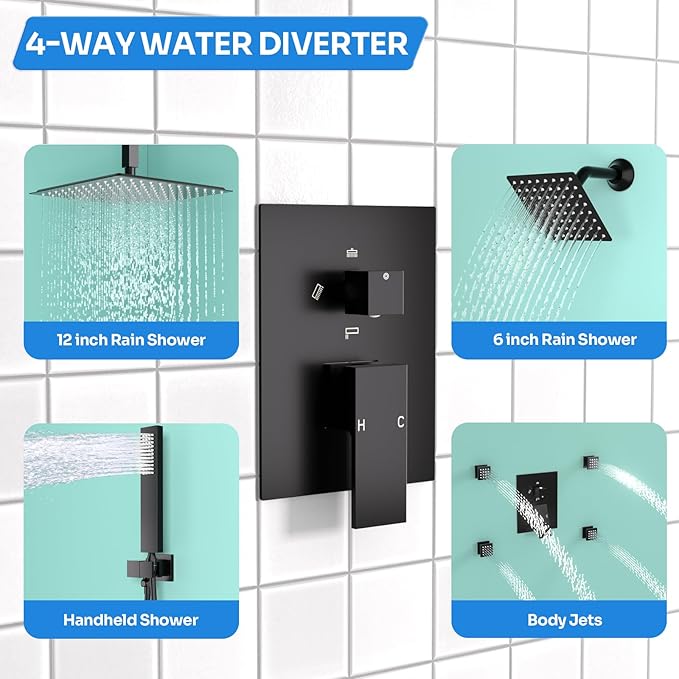 Enga Dual Head Shower System with Body Jets (Eco-Performance) 12 Inch Ceiling Mount Shower Head with 6 Inch Wall Mount Shower Head Shower Faucet Set, Matte Black