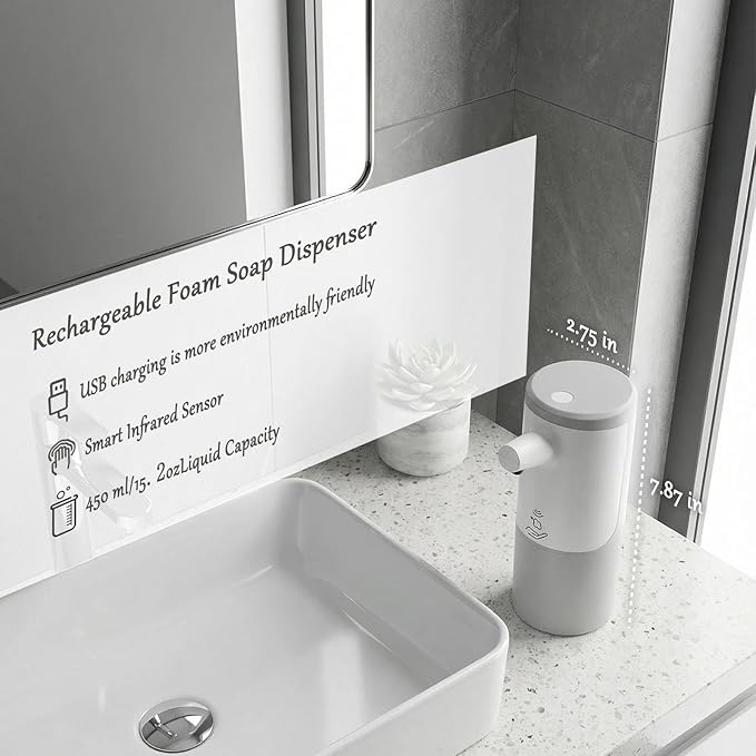Automatic Soap Dispenser Touchless 15.2oz with Smart Sensor, USB Rechargeable, Hands Free Soap Dispenser for Bathroom & Kitchen