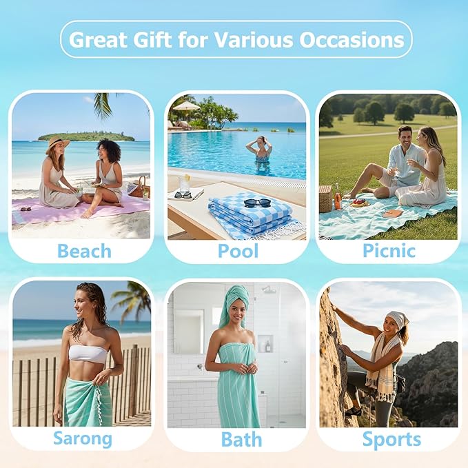 6 Pack Cotton Turkish Beach Towel Lightweight Thin Travel Vacation Essentials Oversized XL Towels Set for Pool Swim Bath Camping Cruise Accessories Must Haves Absorbent Quick Dry Sand Proof Gifts