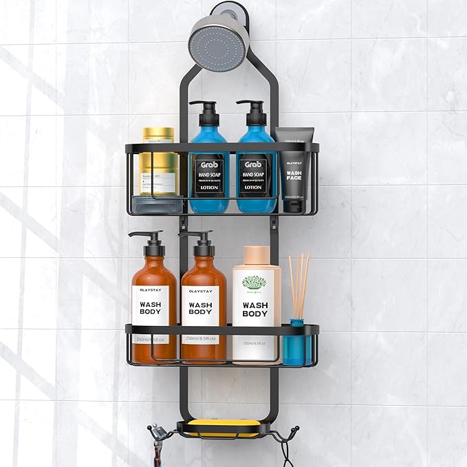 Kadolina Bathroom Hanging Shower Organizer, Over Head Shower Caddy Shower Storage Rack Basket with Hooks for Razor and Sponge Rustproof, Black [Patented]