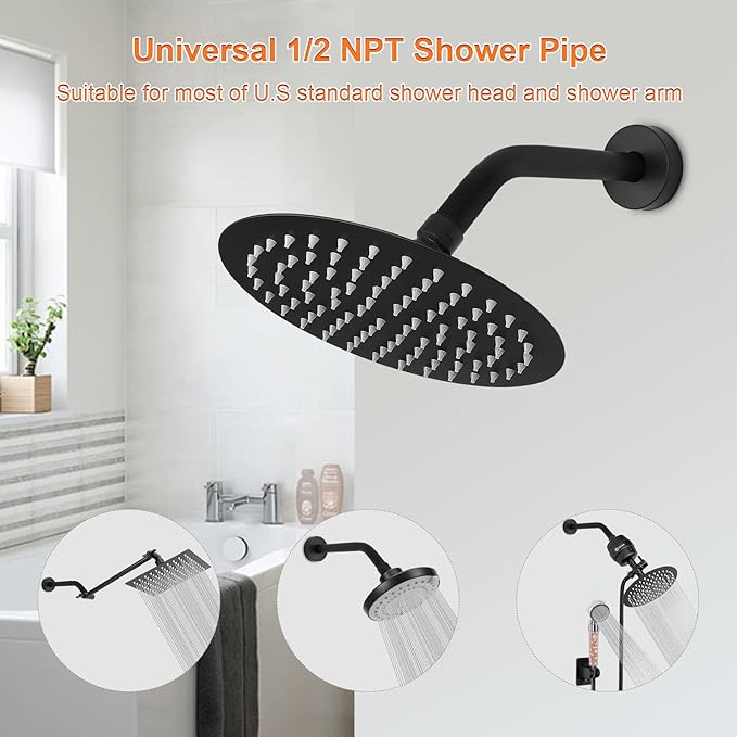 HarJue Shower Arm with Flange and Teflon Tape, Wall Mounted Shower Pipe 304 Stainless Steel Extension Arm for Fixed Shower Head & Handheld (6 Inch, Matte Black)