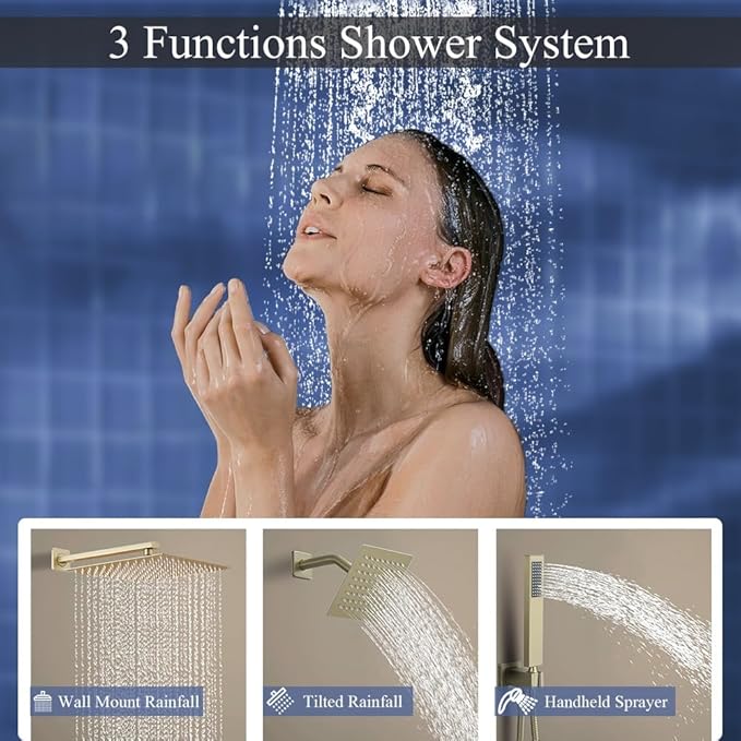Shower Faucet Set Brushed Gold Shower System, Knob Switch Diverter Shower Faucet with High Pressure Handheld Spray, Wall Mount 10 Inch Shower Head with 6 Inch Wall Mount Shower Head