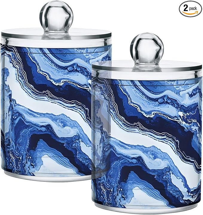 MNSRUU 2 Pack Qtip Holder Organizer Dispenser Blue Marbling Bathroom Storage Canister Cotton Ball Holder Bathroom Containers for Cotton Swabs/Pads/Floss