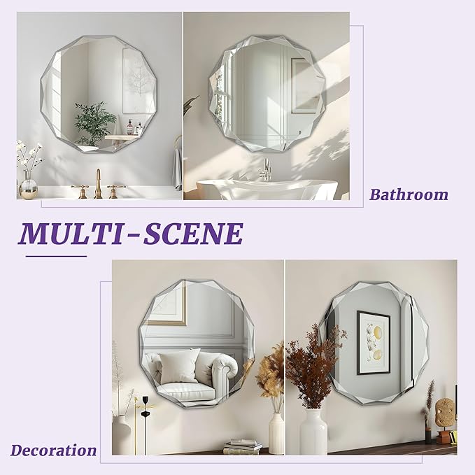 Bathroom Mirror for Wall, 20" x 20" Oval Bathroom Vanity Mirror, Beveled Edge Frameless Wall Mount Vanity Mirror, Wall Decorative Irregular Beveled Edge