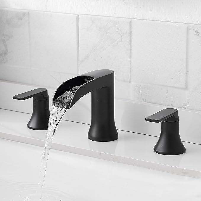 Solid Brass Waterfall Bathtub Faucets Set, 3 Hole Matte Black Tub Faucet 2 Handle, High Flow Roman Tub Faucets Widespread 6-16 Inch Deck Mount