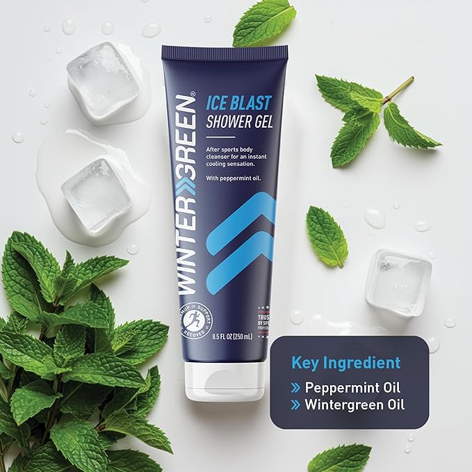 Wintergreen Ice Blast Shower Gel, 8.5 oz – Cooling Post-Workout Body Wash for Men and Women, Infused with Peppermint Extracts, Deep Cleansing and Refreshing for Athletes