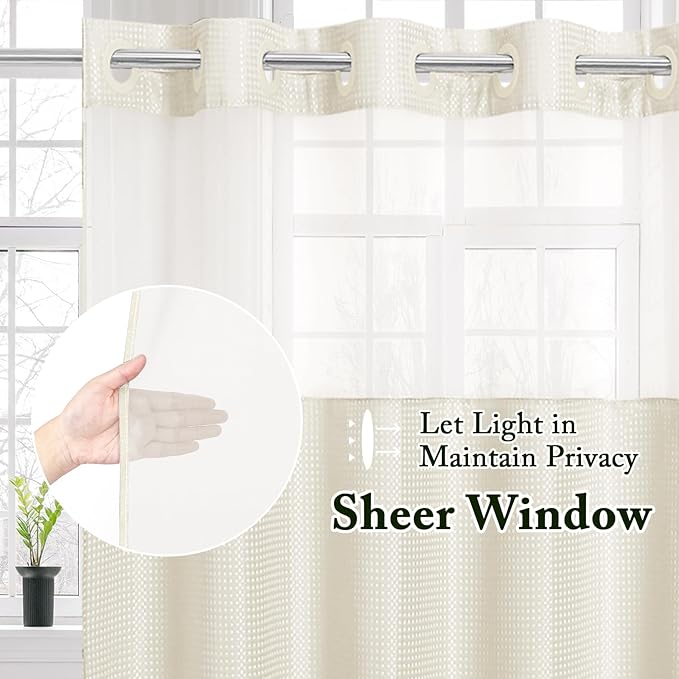 Gibelle Long Shower Curtain 72x80, Waffle Weave Bathroom Shower Curtain with Snap-in Fabric Liner Set, No Hooks Needed, Hotel Style with Mesh Top Window, Ivory