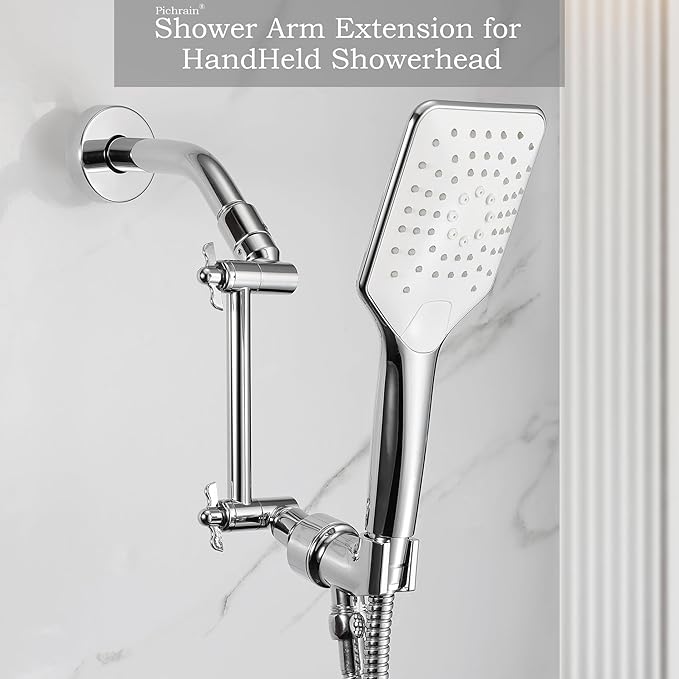 6 Inch Adjustable Shower Head Extension Arm, All-Metal Shower Arm Extender with Locking Set Screw for Rainfall, Fixed, Handheld Showerheads, G1/2 Universal Thread, Easy Installation, Chrome