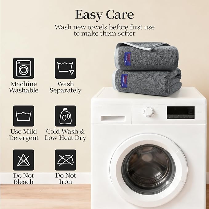 REDKISS 2 Pack 100% Cotton Bath Towels with Luxury Embellished Border Design, Oversized 27 x 54 Inches & 600 GSM Ultra Soft Bath Towel Set, Quicker to Dry Towels for Bathroom, Gym, Spa, Hotel, Gray