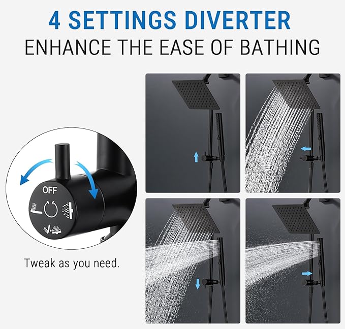 G-Promise All Metal Shower Diverter with Low Holder, Extended 13.5 Inch, 3-Way Diverter Valve with Pause Mode for Handheld and Fixed Shower Heads ∣ 4-Setting Replacement Part (Matte Black)