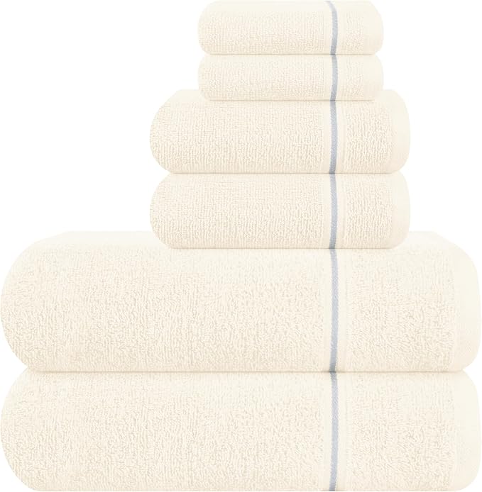 MyOwn Ultra Soft 6 Pack Cotton Towel Set, Contains 2 Bath Towels 28x55 inch, 2 Hand Towels 16x24 inch & 2 Wash Coths 12x12 inch, Ideal Everyday use, Compact & Lightweight - Ivory