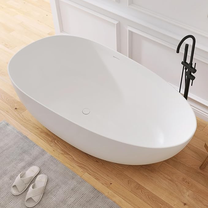 67" Stone Resin Freestanding Bathtub, Oval Solid Surface Bathroom Freestanding Tub, Thin Edge Stand Alone Tub with Integrated Slotted Overflow and Pop-up Drain, Matte White 302-170