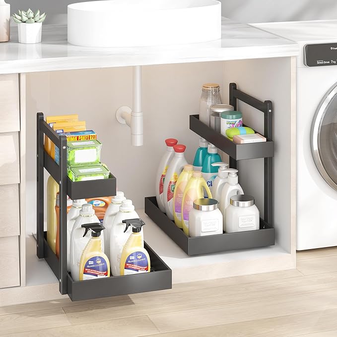 Under Sink Organizer - 1-Tier Pull Out Cabinet Organizer Vertical Slide Out Sink Shelf Storage Shelves for Multi-Purpose Bath Kitchen Bathroom Medicine (Black, 2 Packs)