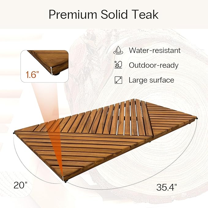 StrongTek Large Teak Bath Mat for Bathroom, 35.4" x 20" Solid Wood Shower Mat, Hand-Oiled Finish, Non-Slip Rubber Feet, Water-Resistant & Quick-Draining, Ideal for Indoor & Outdoor Use