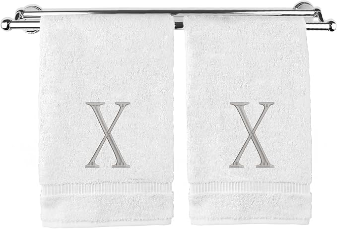 Monogrammed Hand Towel, Personalized Initial Gift, Extra Absorbent 100% Turkish Cotton - Soft Terry Finish - Set of 2 - Silver Block Initial X - Embroidered on White Towels