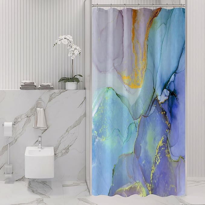 Gibelle Small Stall Shower Curtain 36 x 72, Narrow Half Abstract Marble Fabric Shower Curtain, Blue Purple Jade Texture Gold Stripes Ombre Ink Art Decor Bathroom Curtains Set