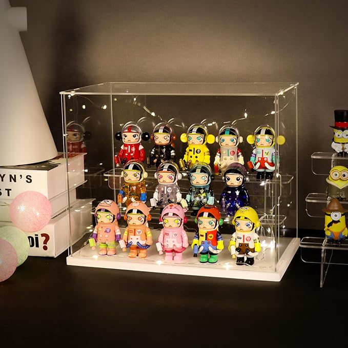 Choowin 3 Tier Clear Acrylic Display Case for Collectibles, Mini Figures, Pop Mart, Labubu, Sonny Angel, Smiski - Assemble Dustproof Acrylic Display Box with Door, Stand (Black Base, Clear Step)