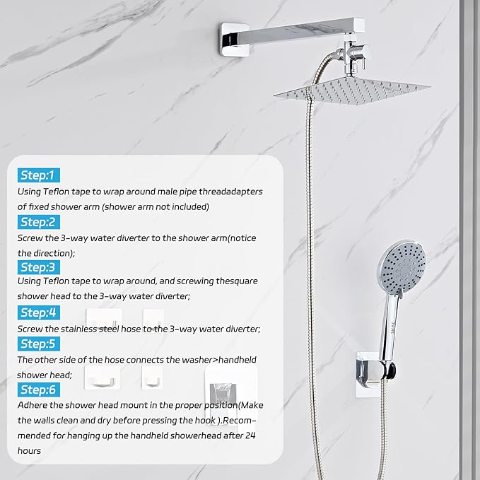 Shower Head 8'' High Pressure Rainfall, Handheld Shower Combo with 11'' Extension Arm, 5 Spray, Anti-leak Luxury Premium Quality, Shower Head with Handheld Spray Combo, Polished Chrome