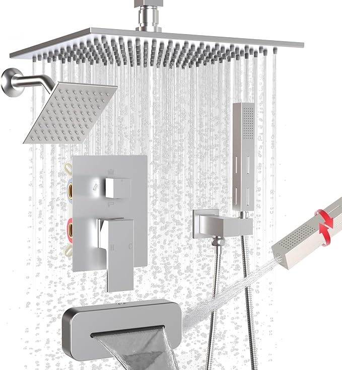 ENGA Shower System with Tub Spout, Bathtub Shower Faucet Combo Set - 10" & 6" Square Rain Shower Heads with 2 in 1 Handheld Spray, 4 Way Water Diverter, Brushed Nickel