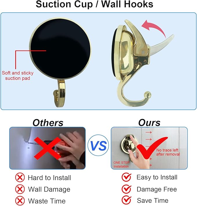 Suction Cup Shower Hooks - Heavy Duty, Glass Suction Hooks for Bathroom Robes and Decorations (Gold, 4 Pack)