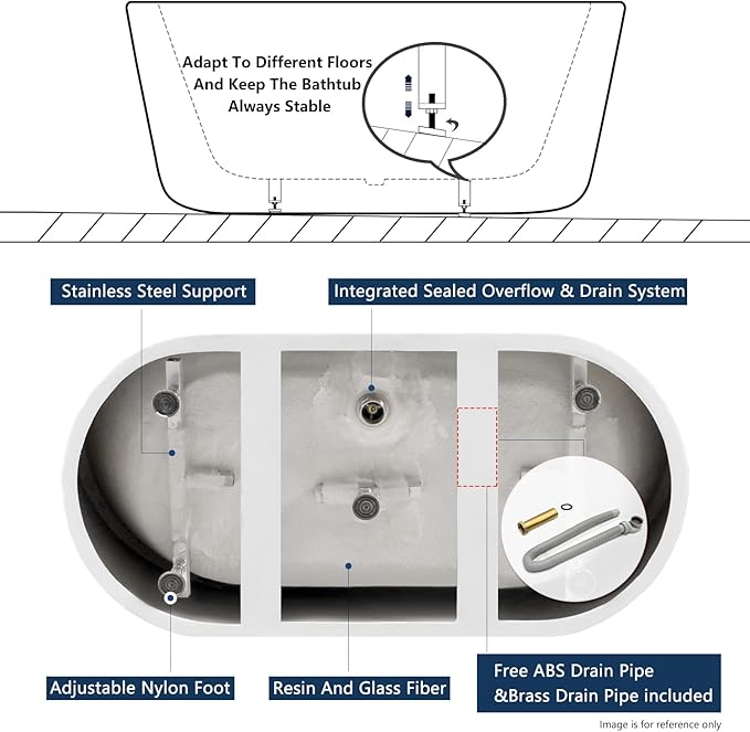 FerdY Luzon 55" Acrylic Freestanding Bathtub, Ergonomic Lightweight Classic Oval Soaking Bathtub with Brushed Nickel Drain, Minimalist Linear Design Overflow, Modern White
