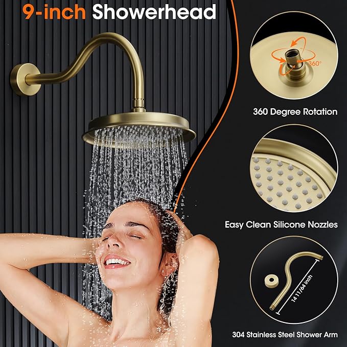 Antique Rainfall Shower System Bathroom Luxury Rain Mixer Shower Faucet Set with Pressure Balance Valve, Shower Combo Set with Rain Shower Head and Vintage Handheld Spray 9 inch Light Gold